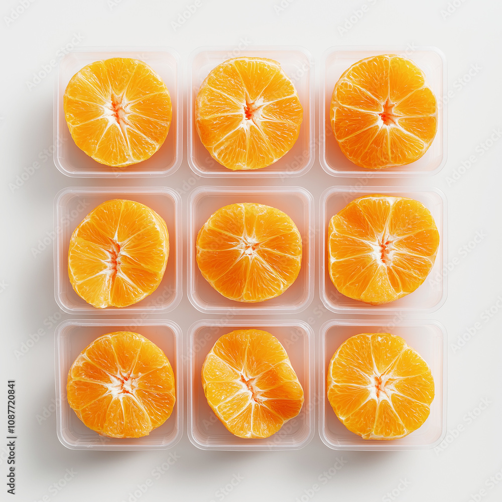Symmetrically arranged slices of orange on a white background, showcasing vibrant colors and copy space for versatile design or advertising projects. Symmetrically arranged slices of orange on a white background, showcasing vibrant colors and copy space for versatile design or advertising projects.