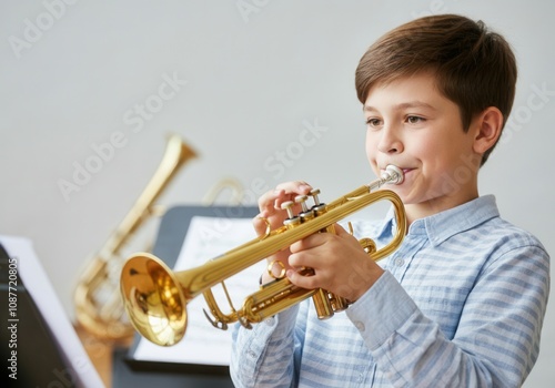 Young caucasian boy practicing trumpet during music lesson, learning to play musical instrument