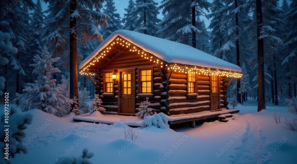 A cozy log cabin decorated with warm lights, surrounded by snow and evergreen trees in a magical winter scene A cozy log cabin decorated with warm lights, surrounded by snow and evergreen trees in a magical winter scene