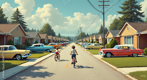 A suburban neighborhood features pastel-colored cars parked outside identical 1950s ranch-style homes with children riding bikes on a sunny street