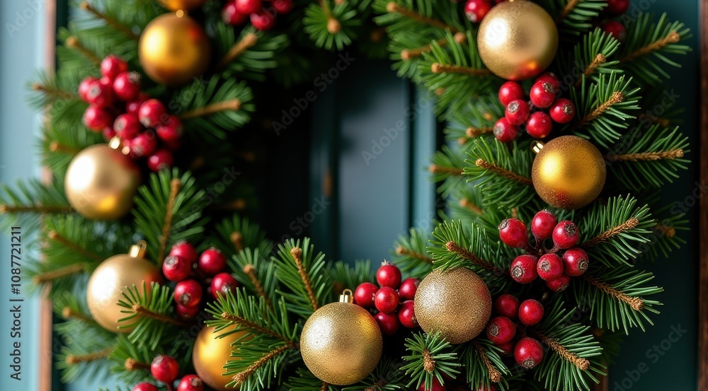 Festive Christmas wreath with red bow, pinecones, and berries hanging on a green door Festive Christmas wreath with red bow, pinecones, and berries hanging on a green door