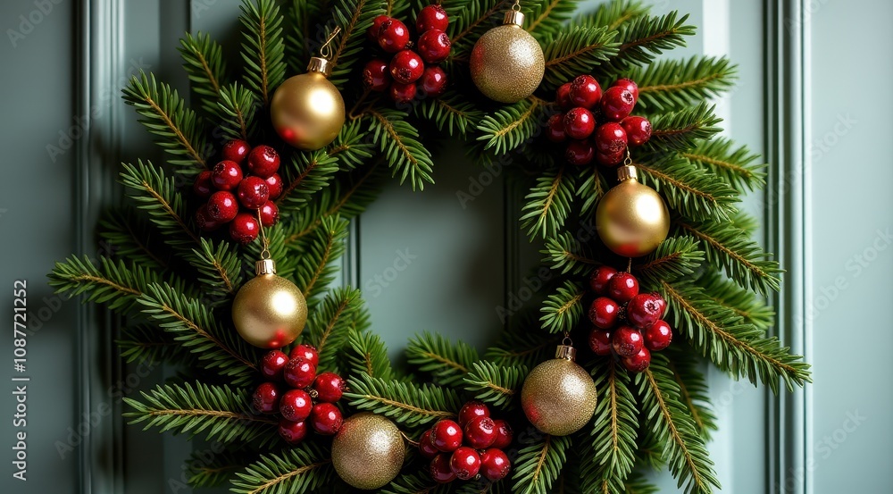 Festive Christmas wreath with red bow, pinecones, and berries hanging on a green door Festive Christmas wreath with red bow, pinecones, and berries hanging on a green door