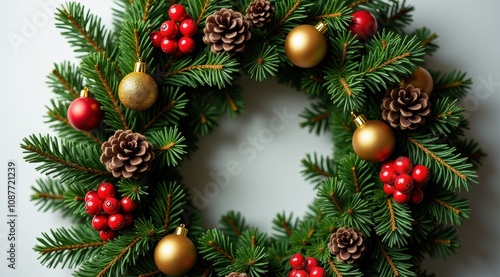 Festive Christmas wreath with red bow, pinecones, and berries hanging on a green door