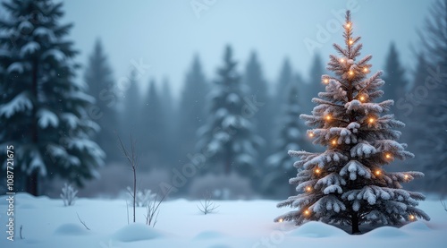 A glowing Christmas tree covered with snow in a tranquil winter forest under soft evening light