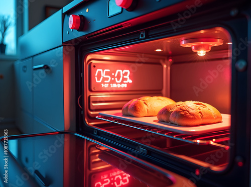 A glowing self-cleaning oven with neon lights bakes bread while projecting a holographic timer, showcasing modern kitchen technology and culinary innovation