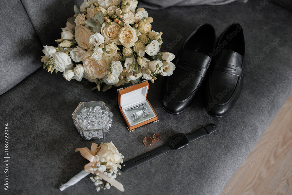 A man's wedding shoes and a bouquet of flowers are displayed on a couch. The flowers are white and the shoes are black