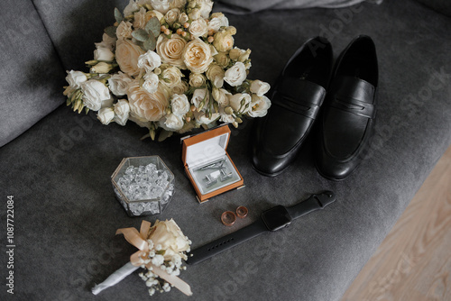 Obraz na płótnie A man's wedding shoes and a bouquet of flowers are displayed on a couch. The flowers are white and the shoes are black w salonie