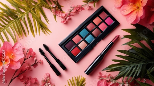 A Comprehensive Flatlay of Various Cosmetics Perfect for Beauty Blogs, Tutorials, and Marketing Materials Featuring Makeup Essentials, Brushes, and Accessories