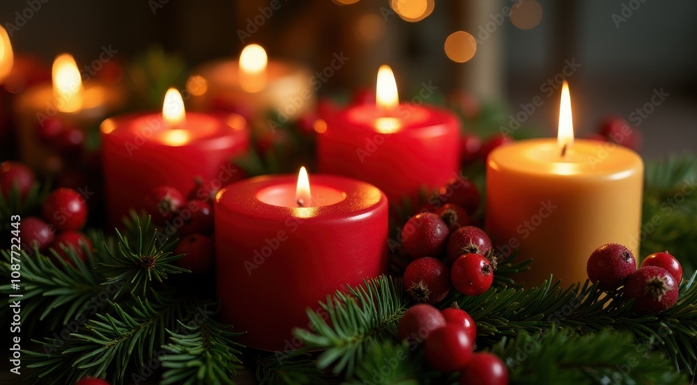 Lit red candles surrounded by evergreen branches and berries, creating a cozy holiday atmosphere Lit red candles surrounded by evergreen branches and berries, creating a cozy holiday atmosphere