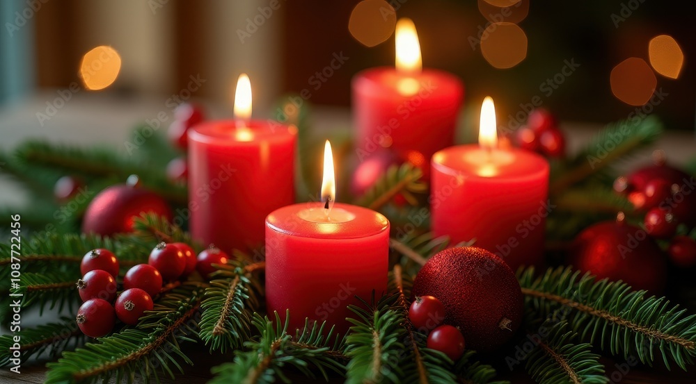 Lit red candles surrounded by evergreen branches and berries, creating a cozy holiday atmosphere
