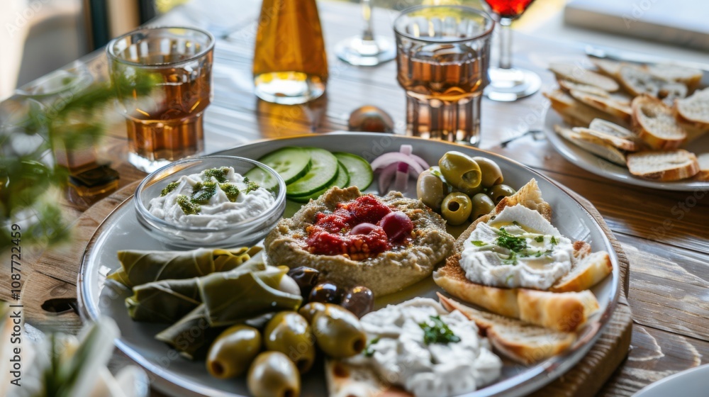 A mouthwatering Mediterranean mezze platter with hummus, tzatziki A mouthwatering Mediterranean mezze platter with hummus, tzatziki