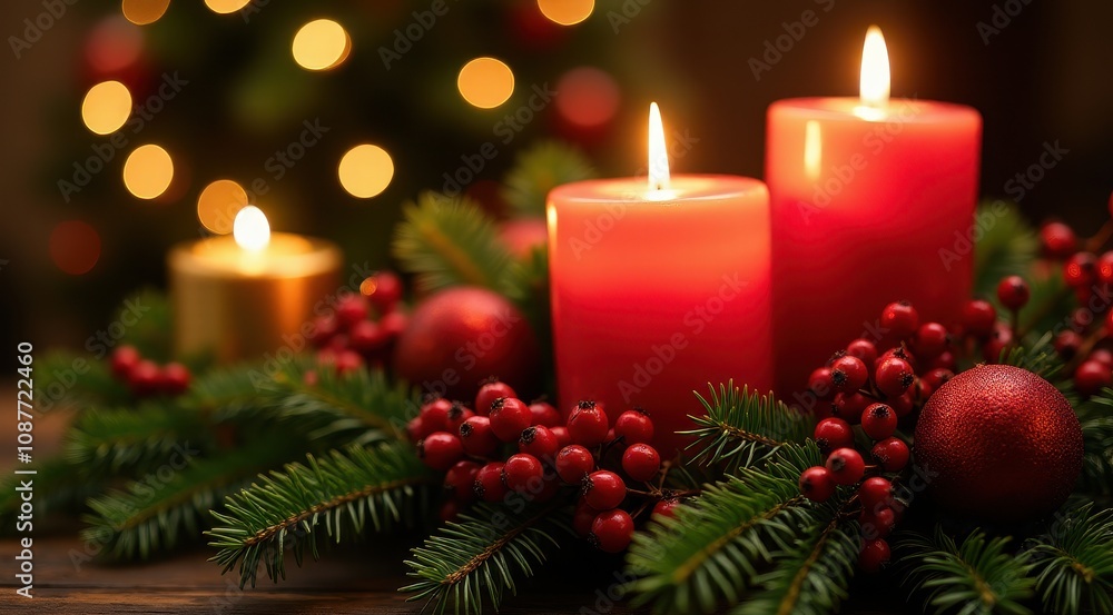 Lit red candles surrounded by evergreen branches and berries, creating a cozy holiday atmosphere Lit red candles surrounded by evergreen branches and berries, creating a cozy holiday atmosphere