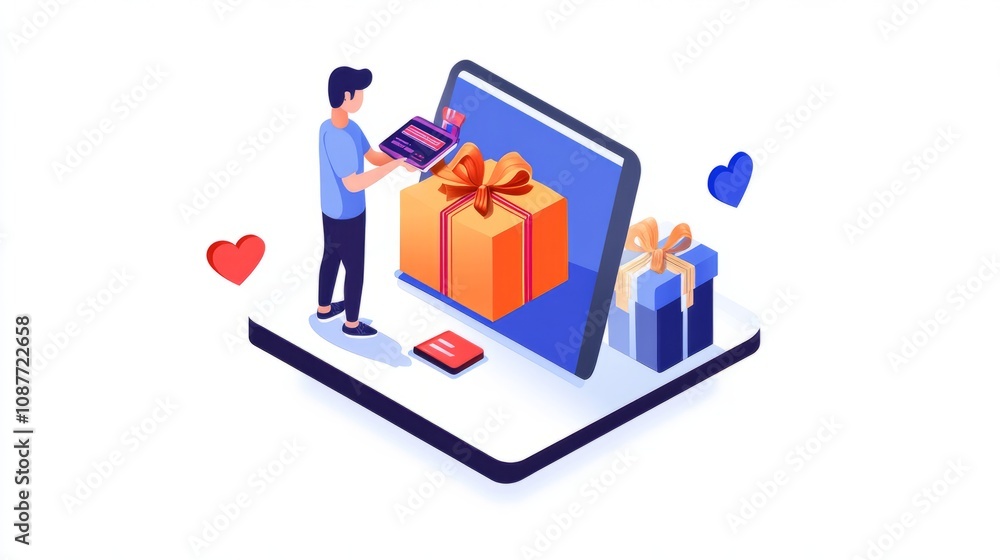 Order online, shopping concept. Customer character with gift. Mobile pay with credit card. Can use for web banner, infographics, hero images. Flat isometric illustration isolated on white background. Order online, shopping concept. Customer character with gift. Mobile pay with credit card. Can use for web banner, infographics, hero images. Flat isometric illustration isolated on white background.