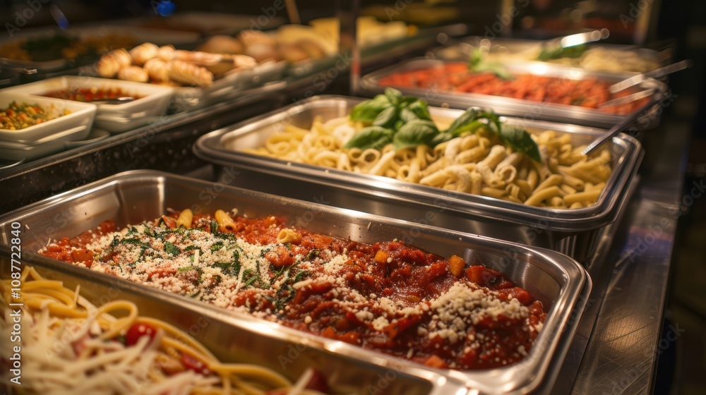 A mouthwatering pasta bar with options like spaghetti, penne A mouthwatering pasta bar with options like spaghetti, penne