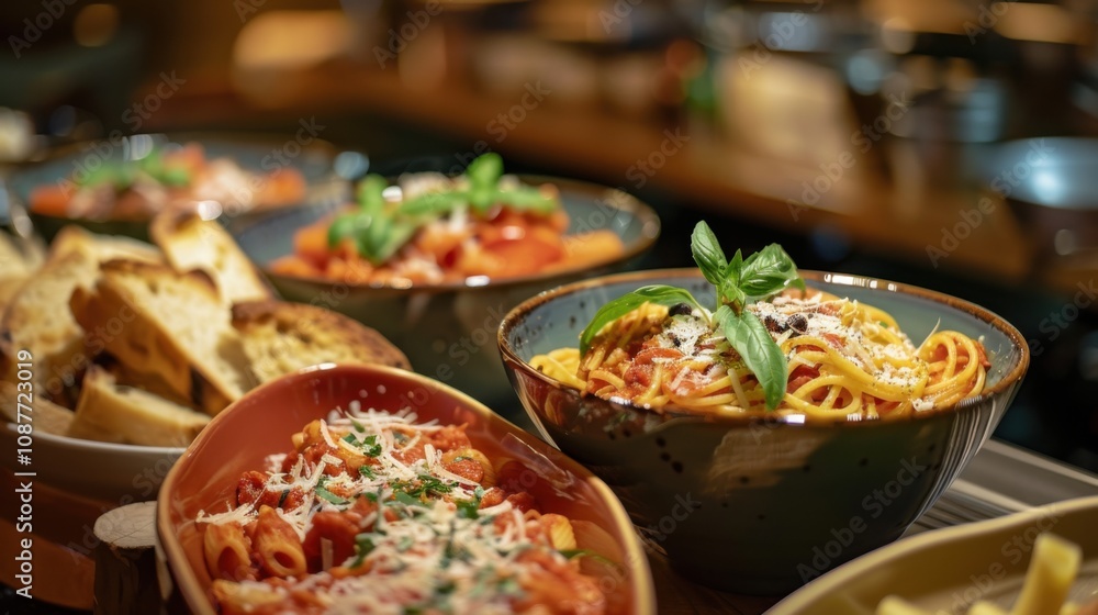 A mouthwatering pasta bar with options like spaghetti, penne A mouthwatering pasta bar with options like spaghetti, penne