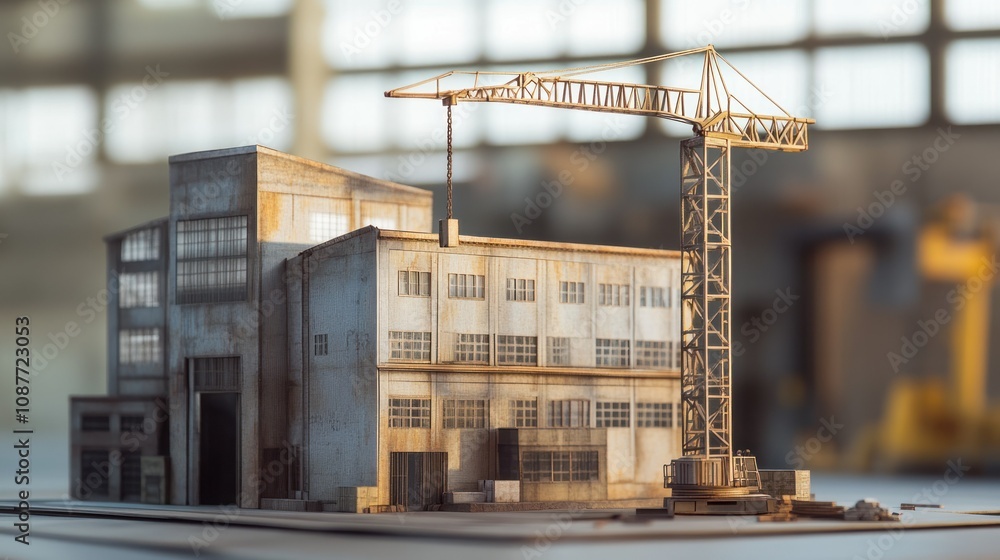 Model 3D miniature construction concept building with architectural crane by modern architect background wallpaper AI generated image