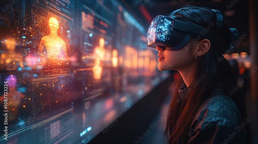 A woman wearing a VR headset interacts with holographic displays in a futuristic environment. A woman wearing a VR headset interacts with holographic displays in a futuristic environment.