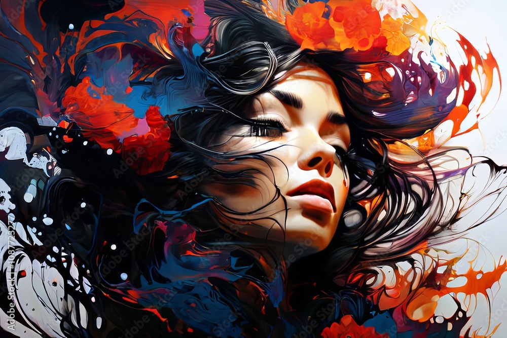 Fototapeta premium Striking image of a womans face highlighted by vivid hues and flowing forms. Evokes feelings of passion and inspiration, ideal for marketing, branding, and creative endeavors.