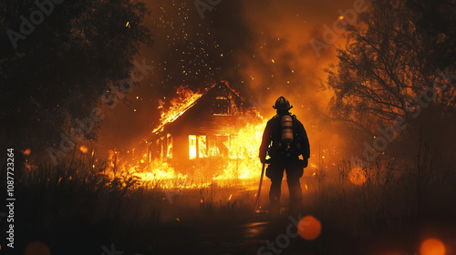 Brave Firefighter Standing Before a Burning House, Preparing to Battle Intense Flames - Image Made Using Generative AI photo