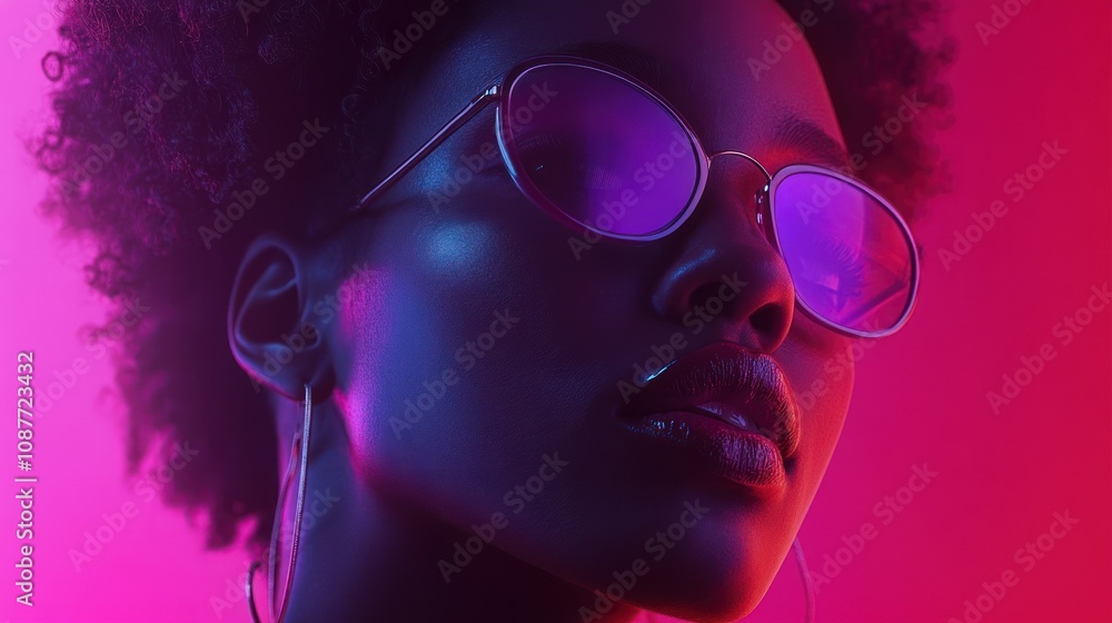 The face of a woman with stylish exotic black skin wearing glasses and the reflection of neon vibrant light background wallpaper AI generated image The face of a woman with stylish exotic black skin wearing glasses and the reflection of neon vibrant light background wallpaper AI generated image