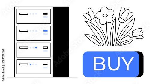 Server rack on the left, flowers in the center, and a blue BUY button on the right. Ideal for data management, online shopping, retail, digital marketing, technology integration, web design, business