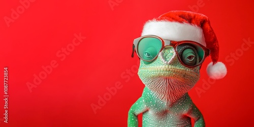 Fototapeta Naklejka Na Ścianę i Meble -  Merry Christmas concept holiday vacation winter animal pet greeting card - Cool santa claus chameleon reptile with sunglasses and santa hat, isolated on red background