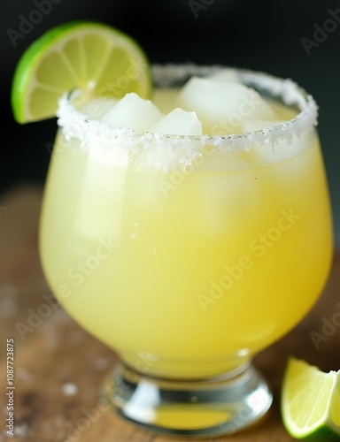 A frosty margarita cocktail features a salted rim, a squeeze of fresh lime juice, and a splash of triple sec sweetness. photo