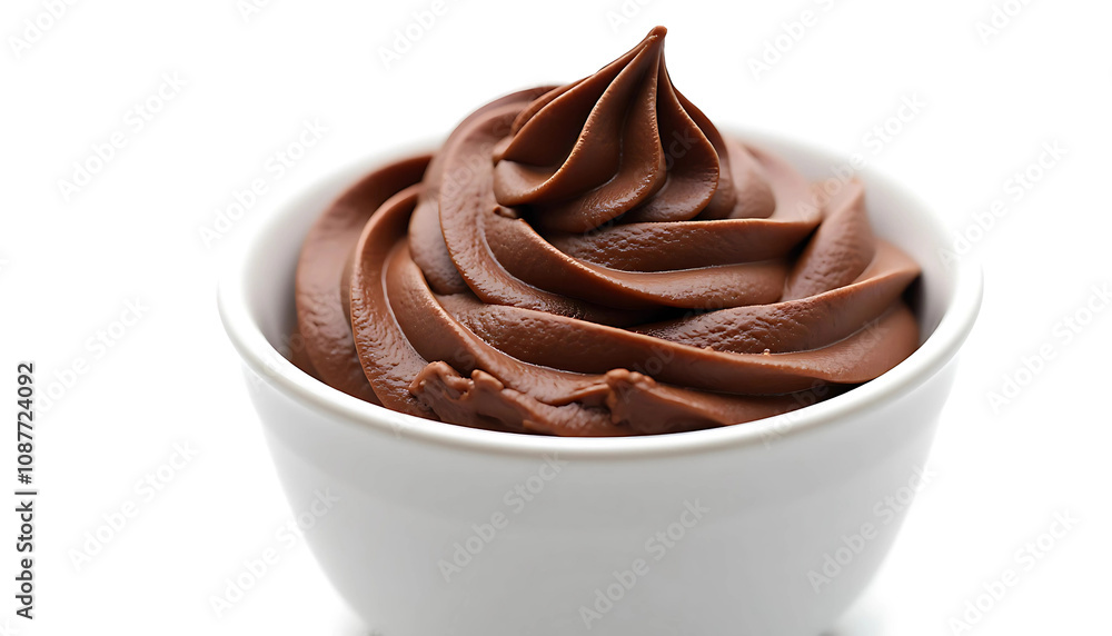 Creamy Chocolate Dessert Whipped to Perfection in  White Bowl on White Background. Highlighting Richness and Smooth Texture Ideal for Culinary Art and Treats