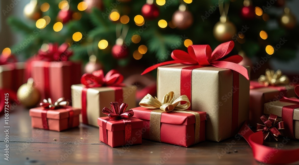 Colorful Christmas gifts with red and gold wrapping are beautifully arranged under a twinkling tree adorned with sparkling ornaments and festive lights Colorful Christmas gifts with red and gold wrapping are beautifully arranged under a twinkling tree adorned with sparkling ornaments and festive lights
