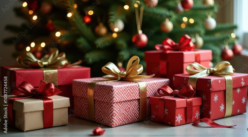 Festive red and gold wrapped Christmas gifts are placed under a twinkling Christmas tree, evoking holiday cheer and anticipation Festive red and gold wrapped Christmas gifts are placed under a twinkling Christmas tree, evoking holiday cheer and anticipation