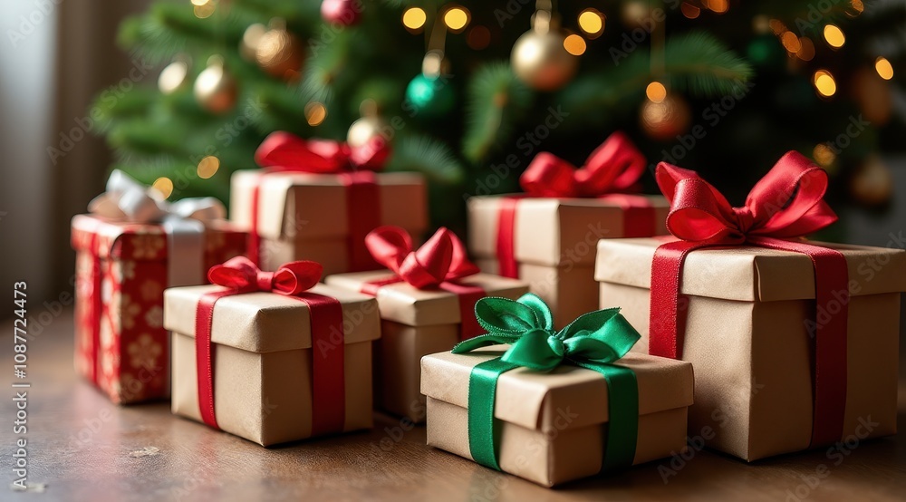Festive Christmas presents with colorful ribbons under a beautifully decorated tree, evoking a warm holiday atmosphere Festive Christmas presents with colorful ribbons under a beautifully decorated tree, evoking a warm holiday atmosphere