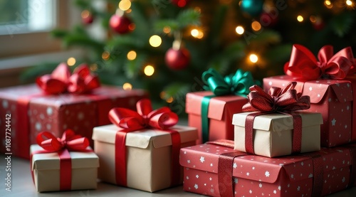 Beautifully wrapped gifts with red and green bows are nestled under a glowing Christmas tree with ornaments and twinkling lights in the background