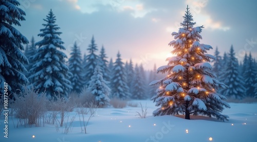 A glowing Christmas tree covered with snow in a tranquil winter forest under soft evening light