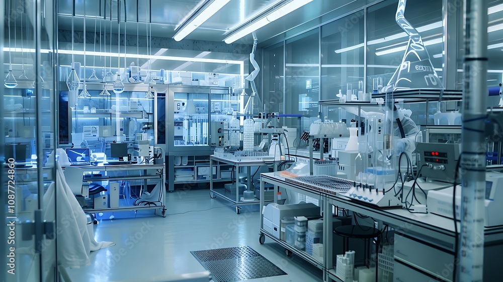 Fototapeta premium A cleanroom laboratory with precise measuring instruments, chemical reactions being monitored, and data being recorded meticulously.