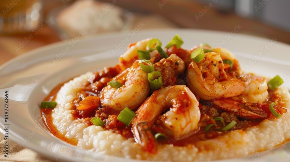A mouthwatering plate of Cajun shrimp and grits, with plump shrimp smothered in spicy creole sauce atop creamy stone-ground grits A mouthwatering plate of Cajun shrimp and grits, with plump shrimp smothered in spicy creole sauce atop creamy stone-ground grits