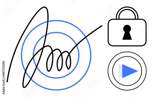 Digital signature within concentric circles, padlock security symbol, and play button. Ideal for authentication, privacy, secure transactions, digital consent, cybersecurity, data protection online