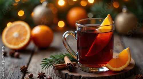 A glass of mulled wine garnished with orange slices, cinnamon sticks, and festive decor on a rustic wooden table illuminated by warm holiday lights