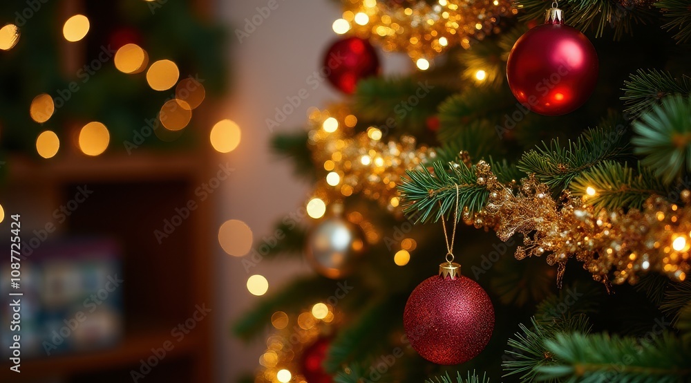 Festive Christmas tree with red and gold baubles, sparkling garland, and glowing lights creates a warm holiday ambiance