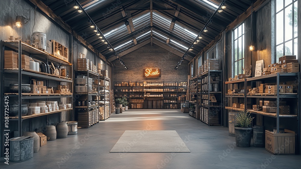 A spacious interior with shelves of various goods and a warm ambiance. A spacious interior with shelves of various goods and a warm ambiance.
