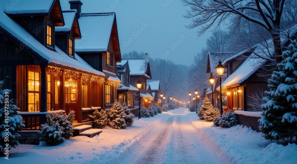 Fototapeta premium Quaint snow-covered village street decorated with holiday lights during a winter evening