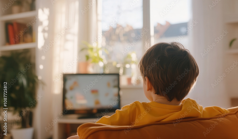 A child enjoys a cozy afternoon at home, sitting in the living room while watching a colorful TV program on a sunny day A child enjoys a cozy afternoon at home, sitting in the living room while watching a colorful TV program on a sunny day