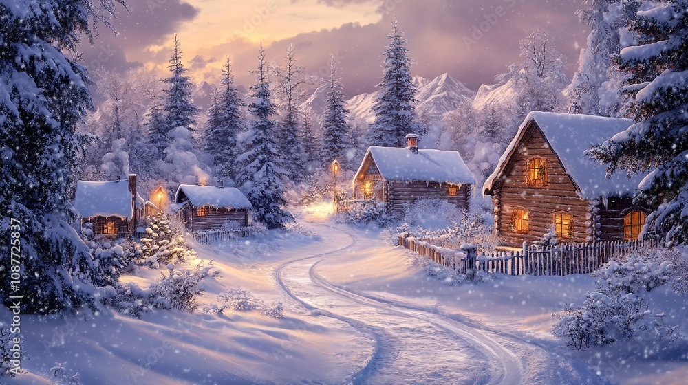 A peaceful winter wonderland with snow-blanketed ground, charming houses, and towering pine trees. A peaceful winter wonderland with snow-blanketed ground, charming houses, and towering pine trees.