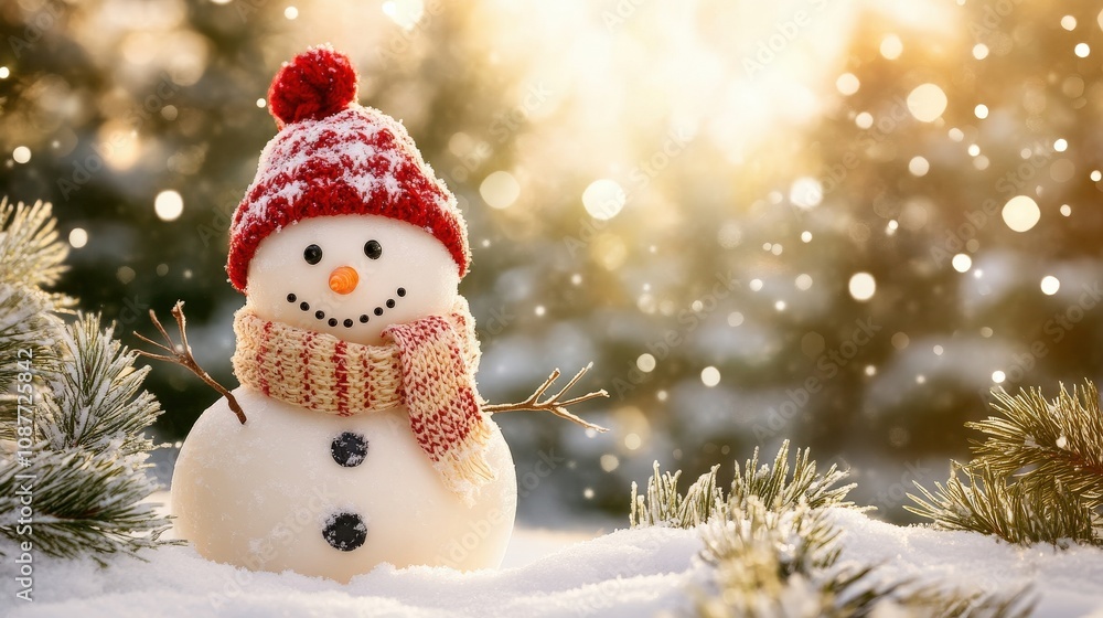 Obraz premium Cheerful Snowman with Red Hat and Scarf in Snowy Forest