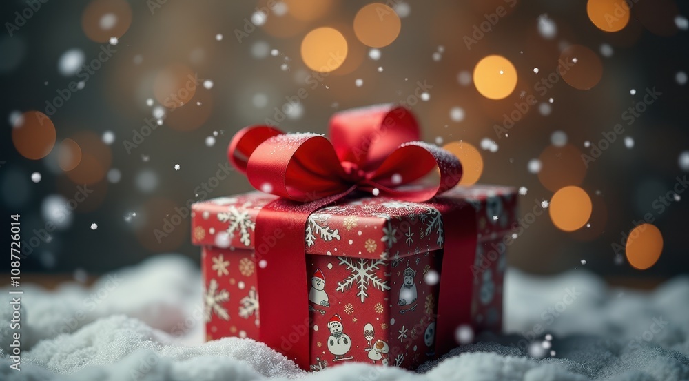 A beautifully wrapped gift box, surrounded by falling snow, perfect for the holiday season A beautifully wrapped gift box, surrounded by falling snow, perfect for the holiday season