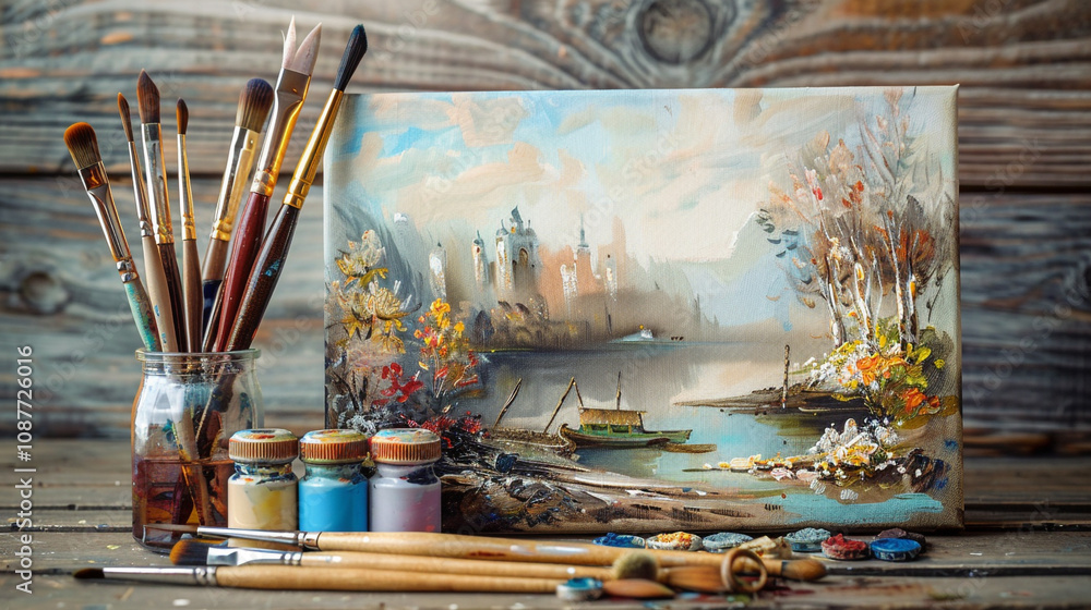 A set of watercolor paints with brushes A set of watercolor paints with brushes