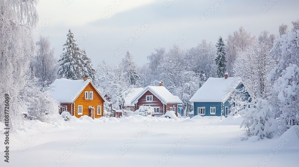 A serene winter scene featuring a snow-covered landscape and charming, cozy houses nestled in a quaint village. A serene winter scene featuring a snow-covered landscape and charming, cozy houses nestled in a quaint village.