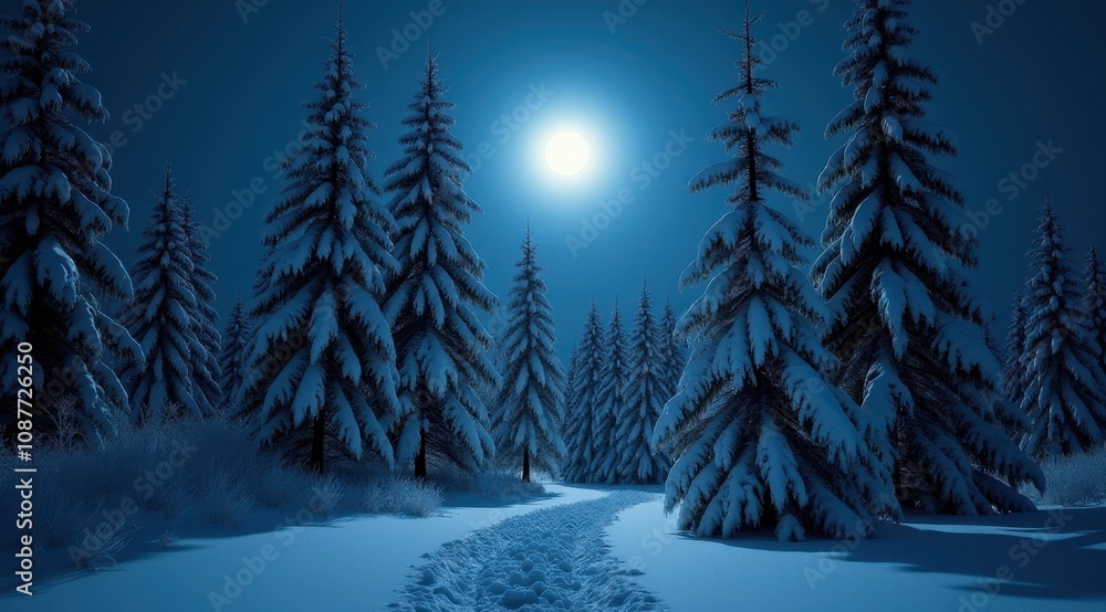 Snow-covered landscape with tall pines and a glowing full moon on a serene winter night Snow-covered landscape with tall pines and a glowing full moon on a serene winter night