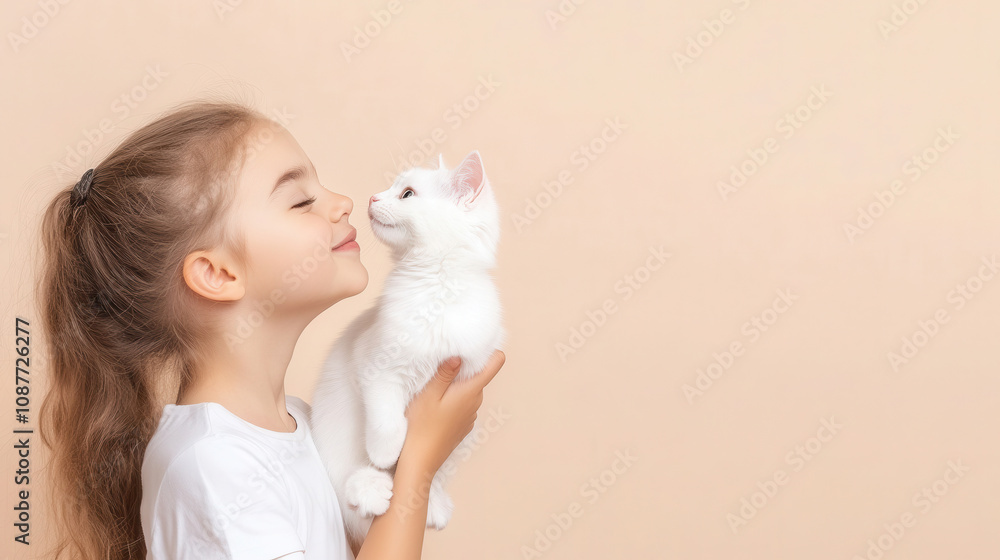A happy girl enjoys a playful moment with her white cat against a soft beige background, capturing a joyful memory during a sunny afternoon A happy girl enjoys a playful moment with her white cat against a soft beige background, capturing a joyful memory during a sunny afternoon