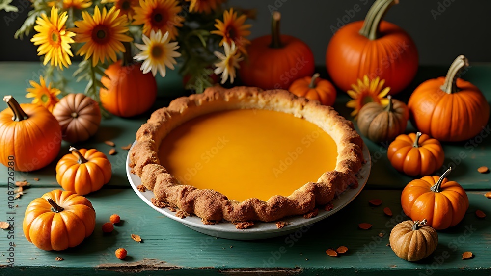 A seasonal still life of a pumpkin pie surrounded by fall fruits, pumpkins, and flowers on a worn green wood table surface.