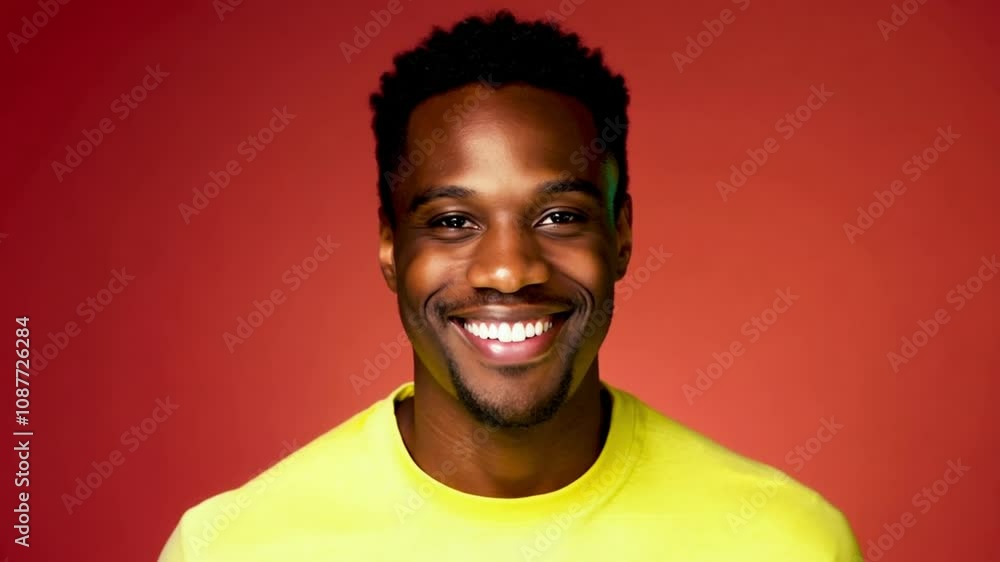 Smiling man in yellow shirt poses against a vibrant orange background in a studio setting Smiling man in yellow shirt poses against a vibrant orange background in a studio setting